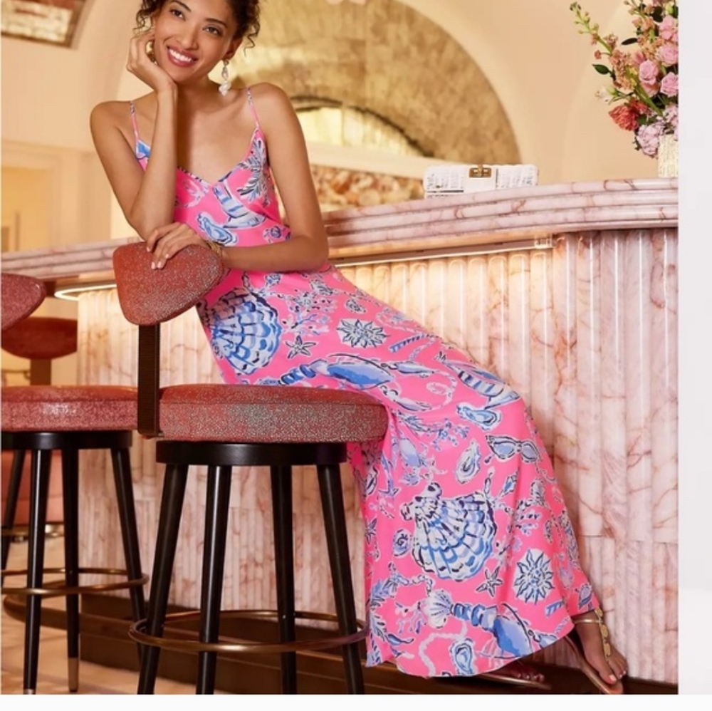 NWT 100% silk Lilly Pulitzer Vibrant Pink and Blue Maxi Dress